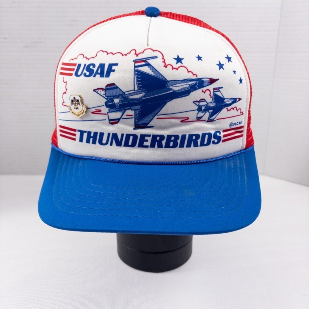 Vintage USAF Thunderbirds F16 Trucker Hat Blue Red 1984 80s Winner Air Force Cap
